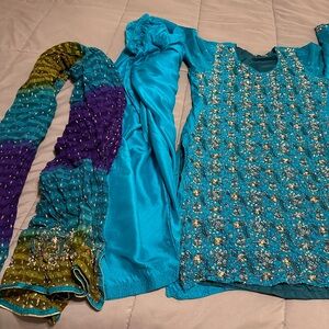 Vibrant Blue and Multicolor Embroidered Dress with Scarf